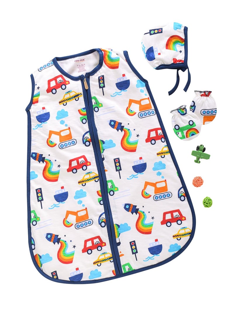 pom-pom SWEET HEARTS pompom SWEET HEARTS Cotton Sleeveless Wearable Sleeping BagSack BlanketSoft Jersey for New Born Baby with BonnetCap Mitten Pair 06 Months Pack of 3  - Image 1