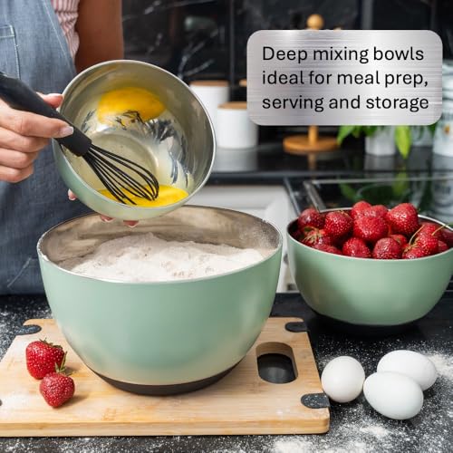 WHYSKO Stainless Steel Mixing Bowls Set of 3 with Non-Slip Silicone Base, Nesting Metal Bowls for Meal Prep, Baking, Cooking & Food Storage, Dishwasher Safe Kitchen Mixing Bowls, Green - Image 3