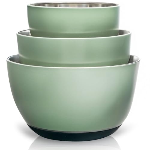 WHYSKO Stainless Steel Mixing Bowls Set of 3 with Non-Slip Silicone Base, Nesting Metal Bowls for Meal Prep, Baking, Cooking & Food Storage, Dishwasher Safe Kitchen Mixing Bowls, Green - Image 1
