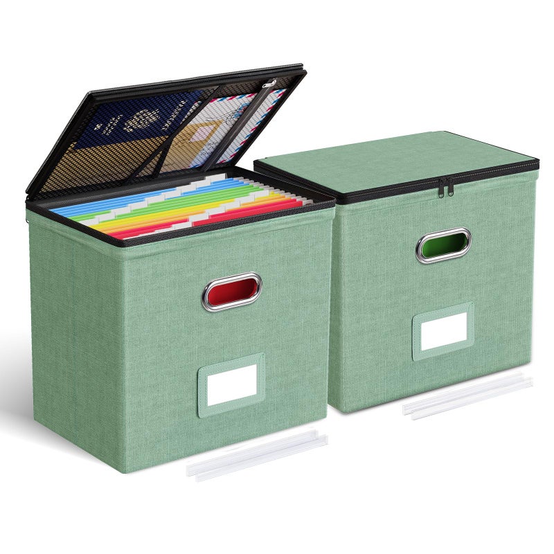 Oterri 2 Pack File Organizer Boxes with Lids File Box with Mesh Pockets Document Organizer Box for File Folders Letter Size Zippers Filing Box for Home Office School Green Without Folders - Image 2