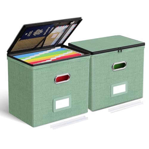 Oterri 2 Pack File Organizer Boxes with Lids File Box with Mesh Pockets Document Organizer Box for File Folders Letter Size Zippers Filing Box for Home Office School Green Without Folders - Image 1