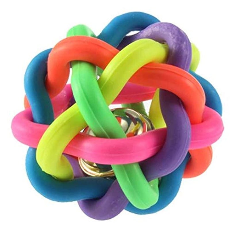 Rainbow Rubber Ball with Bell for Dogs & Cats - Medium Interactive Pet Toy for Teething & Play - Non-Toxic Colorful Woven Design