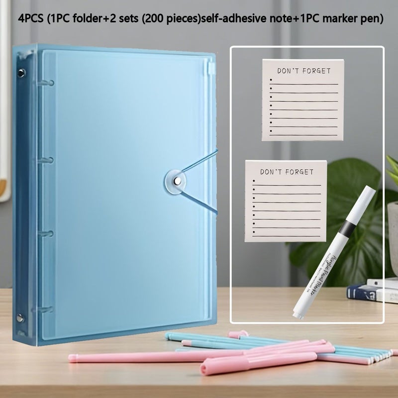 A4 Size Heavy Duty Colored PP Loose Leaf Folder 200 Sheets Self Adhesive Notes 1 Marker Transparent Black Highlighter Large Capacity Set For School Home Office Work Travel Portable Design - Image 3