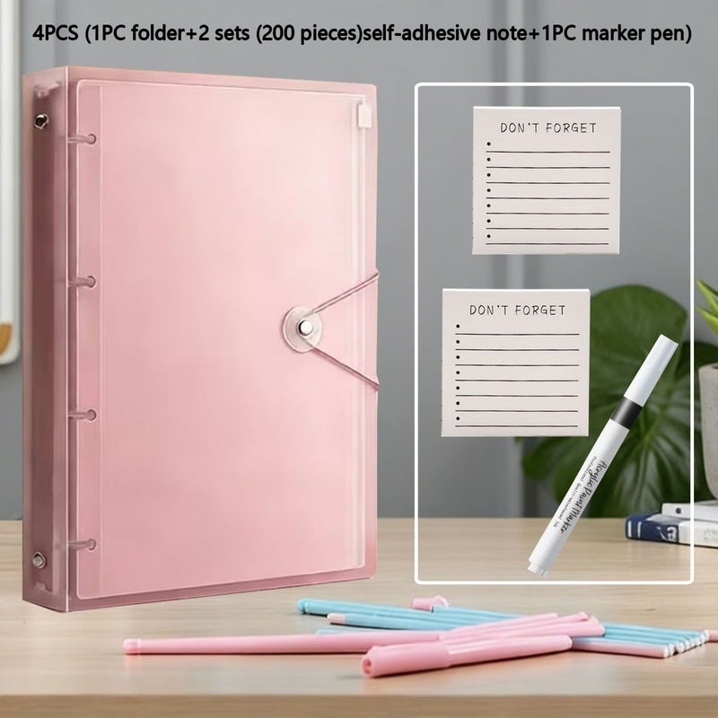 A4 Size Heavy Duty Colored PP Loose Leaf Folder 200 Sheets Self Adhesive Notes 1 Marker Transparent Black Highlighter Large Capacity Set For School Home Office Work Travel Portable Design - Image 5