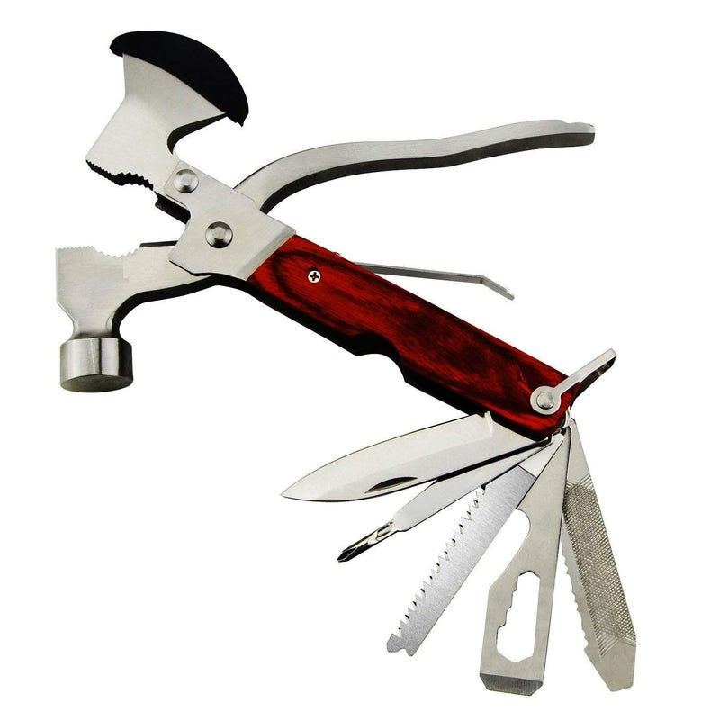 ROLLYWARE Stainless Steel 15 in 1 Multipurpose Tool Kit, Portable & Heavy Duty, Light Weight & Durable Emergency Pocket Multi Tool Kit, Suitable as Camping Multitool (Axe, Hammer & More) Dark Brown - Image 1