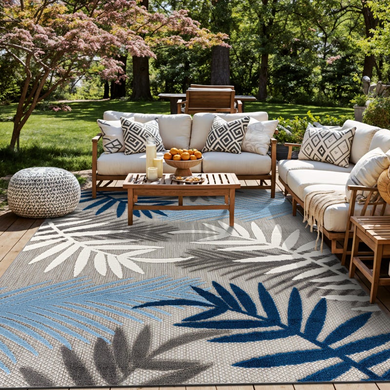 Rugshop Blue Palm Frond IndoorOutdoor Area Rug NonShedding Easy Cleaning for Patio Deck and Living Room 5 x 7