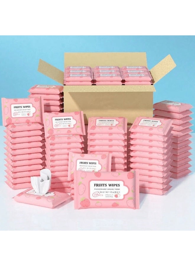 Premium Strawberry Scented Mini Travel Wet Wipes with Vitamin C Essence, Portable Non-Woven Fruit Wipes for Gentle Hand and Face Cleansing, Refreshing Daily Hygiene Tissues for On-the-Go Use. - Image 1