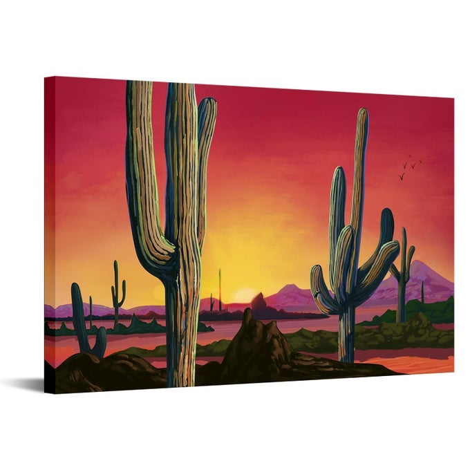 LARGE SAGUAROS LANDSCAPE CANVAS WALL ART SUNSET ARIZONA CACTUS ORANGE BACKGROUND SONORAN DESERT PICTURE FOR HOME BEDROOM DECOR READY TO HANG 24X36INCH
