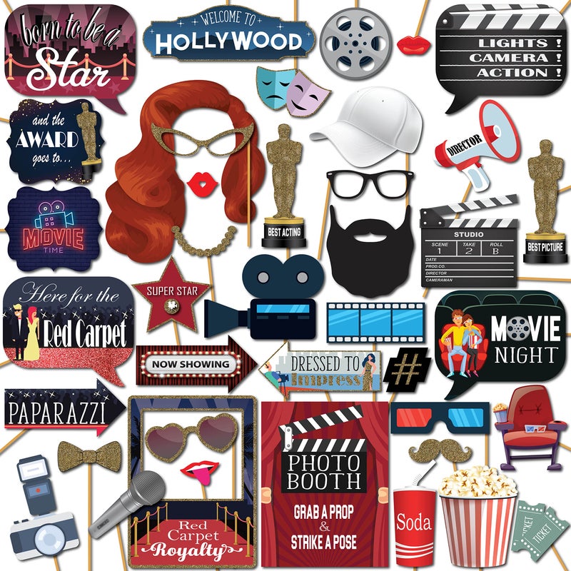 Hollywood Photo Booth Props  41pc Photobooth Kit with 8 x 10Inch Sign 60 Adhesive Pads 45 Sticks  Movie Night Supplies  Hollywood Party Decorations