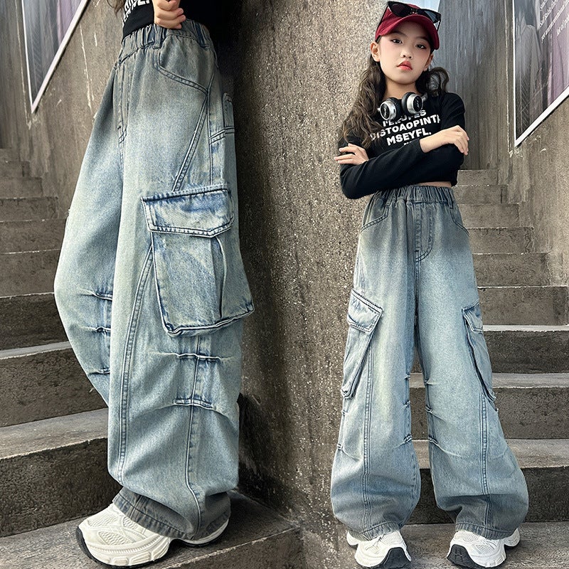 Girls 2025 Spring New Large Pocket Workwear Jeans Straight Girl Loose Wide Leg Pants Trousers - Image 3
