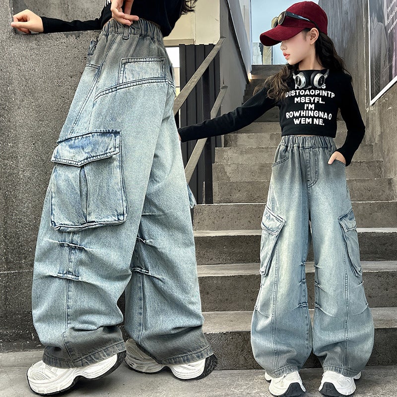Girls 2025 Spring New Large Pocket Workwear Jeans Straight Girl Loose Wide Leg Pants Trousers - Image 5