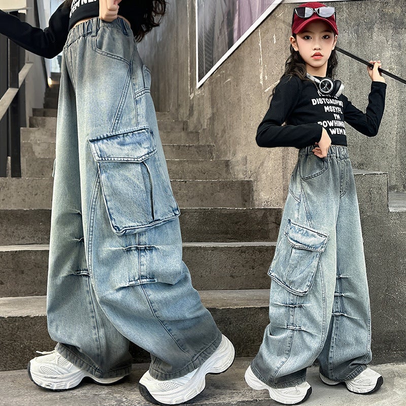 Girls 2025 Spring New Large Pocket Workwear Jeans Straight Girl Loose Wide Leg Pants Trousers - Image 2