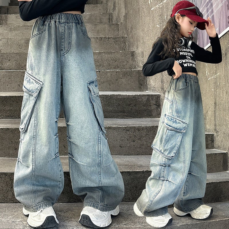 Girls 2025 Spring New Large Pocket Workwear Jeans Straight Girl Loose Wide Leg Pants Trousers - Image 4