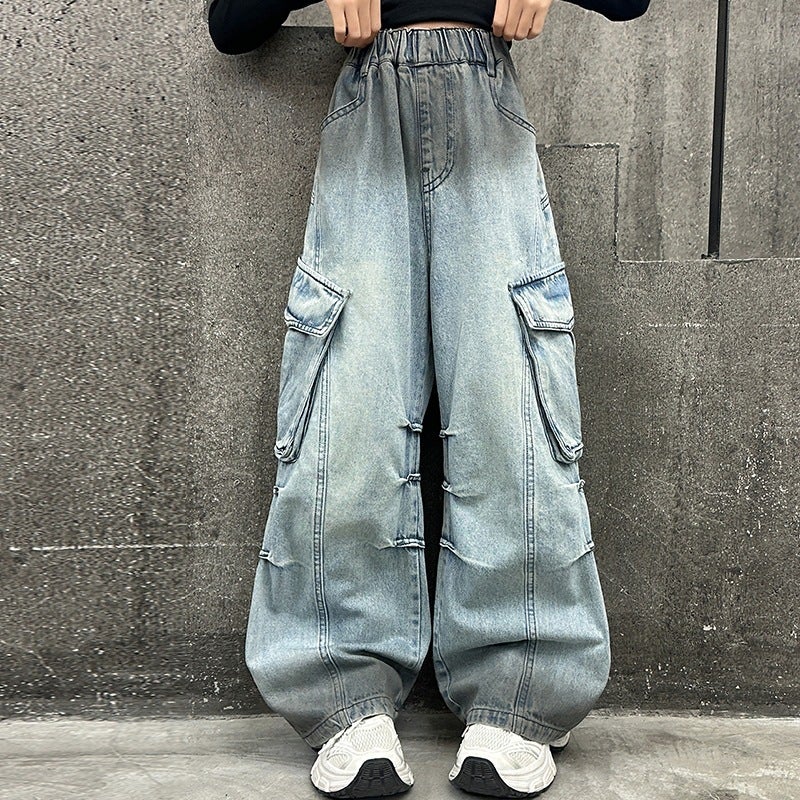 Girls 2025 Spring New Large Pocket Workwear Jeans Straight Girl Loose Wide Leg Pants Trousers - Image 1