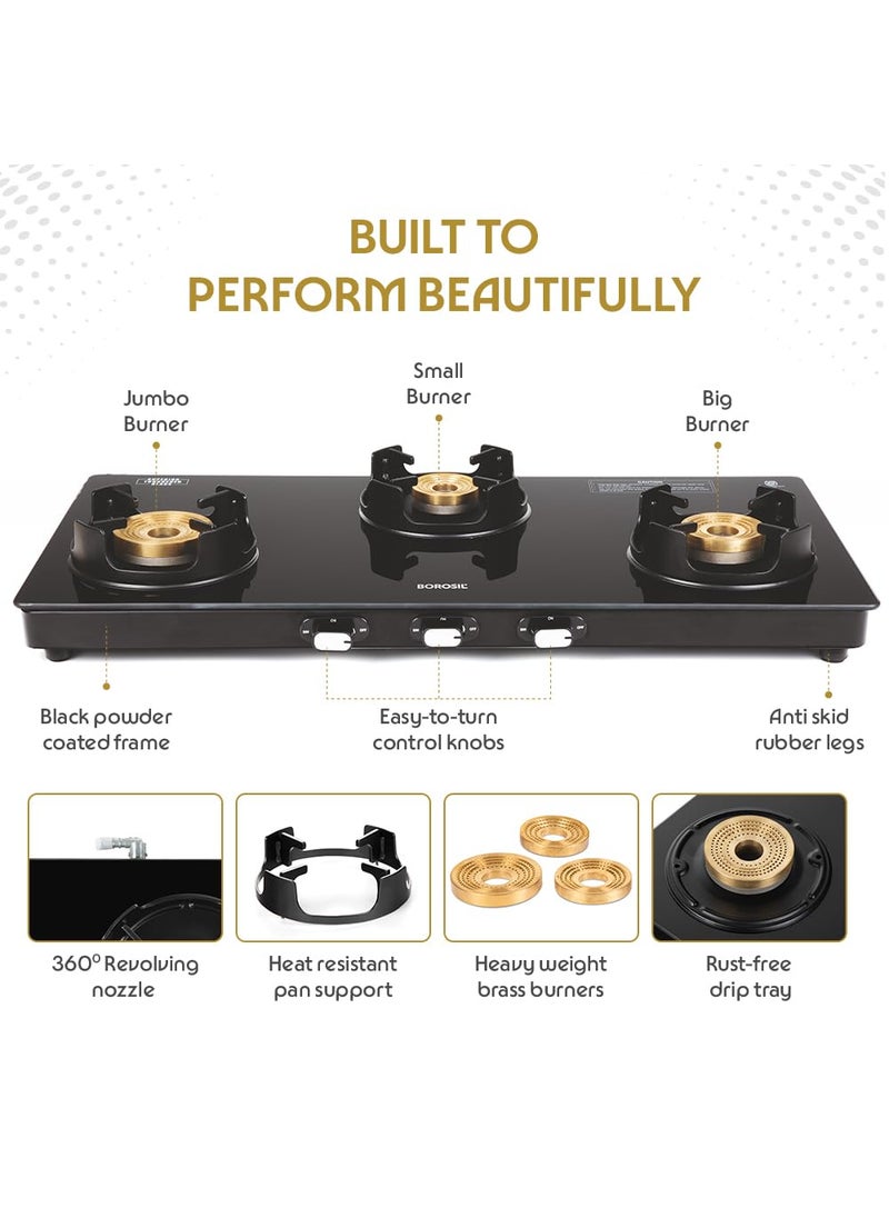 BOROSIL Borosil Flamestar 3 Burner Gas Stove Brass Burner 8 mm Toughened Glass Top LPG Gas Stove Mannual Ignition 360 revolving nozzle High Effeciency Burner 2 Years Warranty  - Image 2
