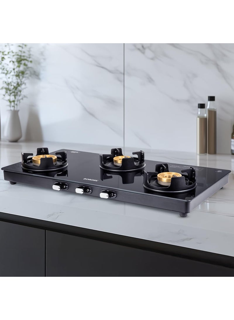 BOROSIL Borosil Flamestar 3 Burner Gas Stove Brass Burner 8 mm Toughened Glass Top LPG Gas Stove Mannual Ignition 360 revolving nozzle High Effeciency Burner 2 Years Warranty  - Image 1