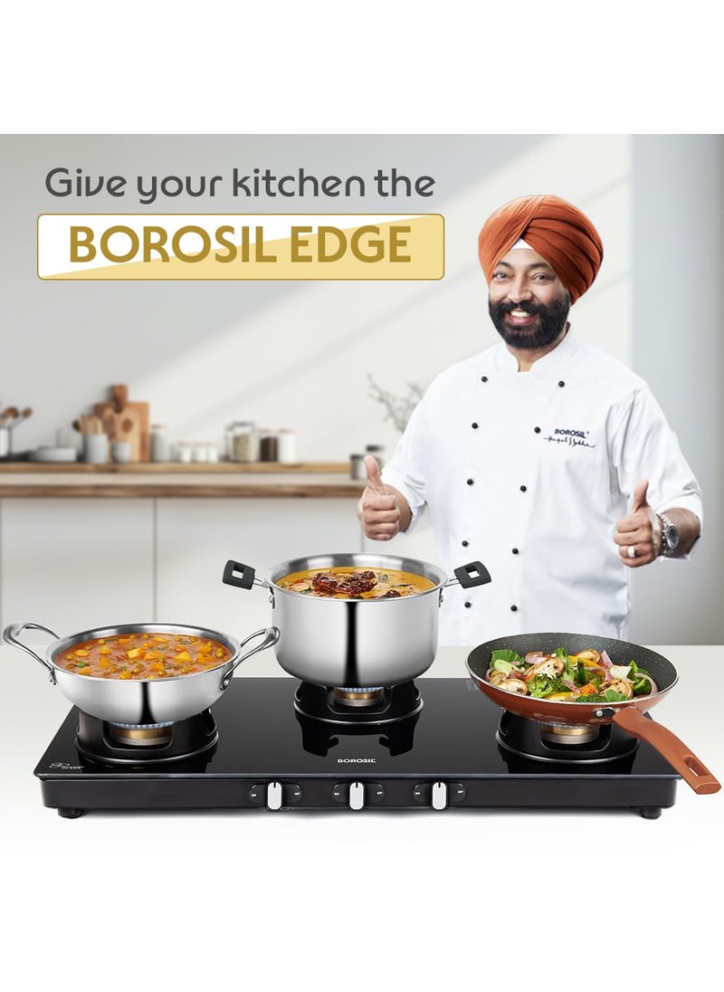 BOROSIL Borosil Flamestar 3 Burner Gas Stove Brass Burner 8 mm Toughened Glass Top LPG Gas Stove Mannual Ignition 360 revolving nozzle High Effeciency Burner 2 Years Warranty  - Image 4