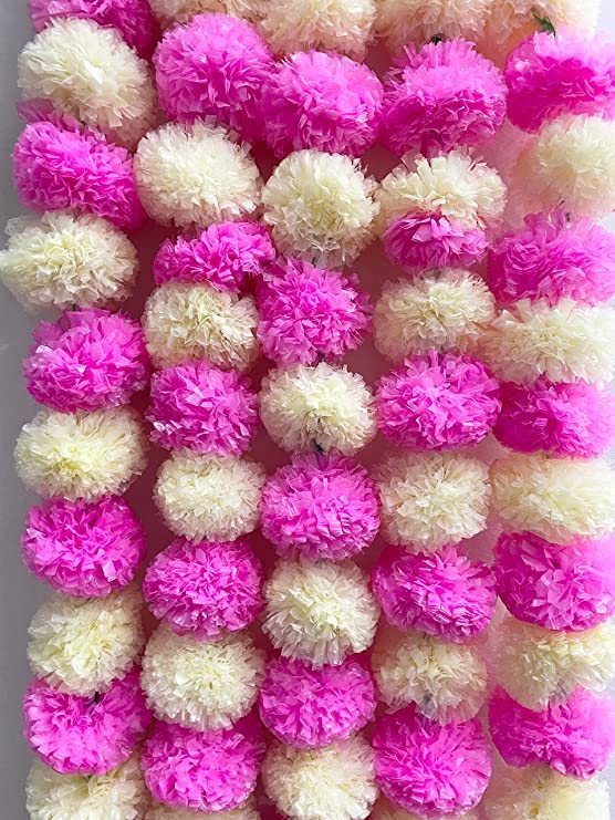 Brikshi Pack of 10 Artificial Marigold Flowers for Decoration Long Marigold Garlands for Decoration Toran Indian genda phool for Wedding & Festival |5 Feet Long |(Pink & White)| 10 Strings - Image 2