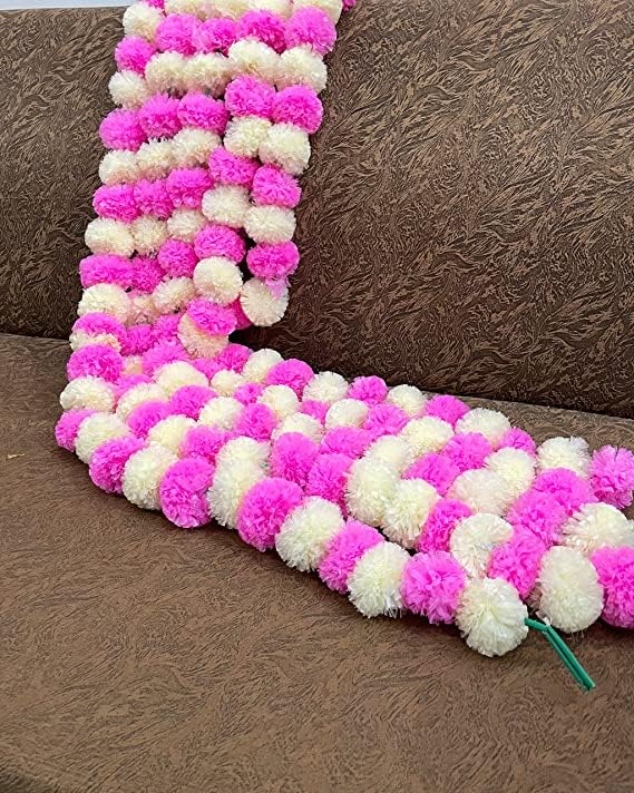 Brikshi Pack of 10 Artificial Marigold Flowers for Decoration Long Marigold Garlands for Decoration Toran Indian genda phool for Wedding & Festival |5 Feet Long |(Pink & White)| 10 Strings - Image 3