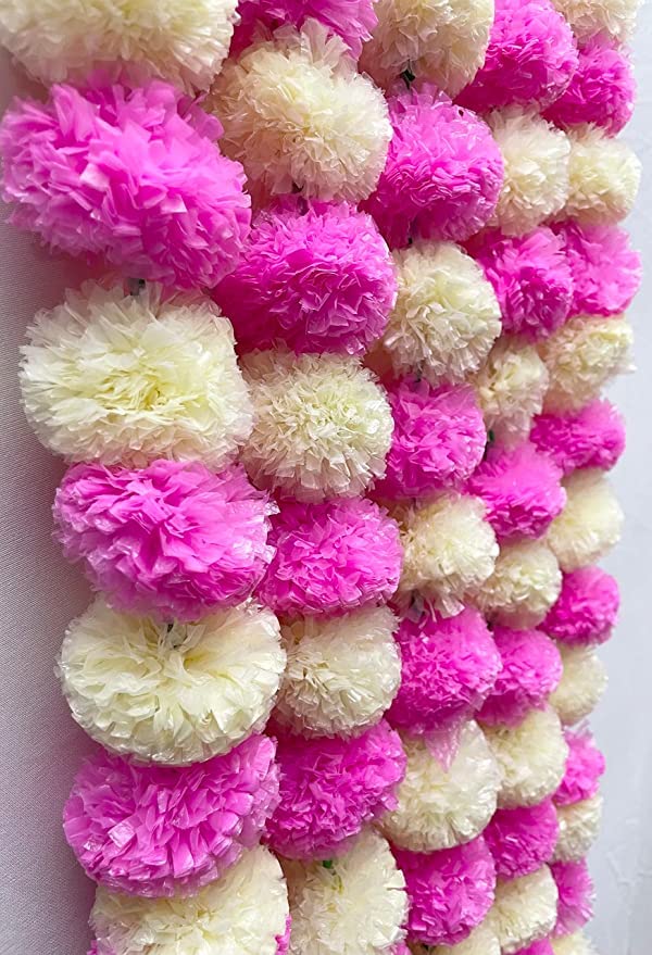 Brikshi Pack of 10 Artificial Marigold Flowers for Decoration Long Marigold Garlands for Decoration Toran Indian genda phool for Wedding & Festival |5 Feet Long |(Pink & White)| 10 Strings - Image 1