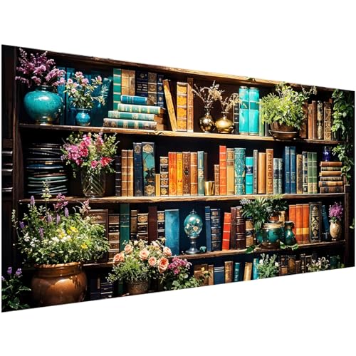Ohhvvow 5D Bookshelf & Blooms Large Diamond Art Kit for Adults, 27.5x15.7 Inch Cozy Library Diamond Painting with Books & Flowers, DIY Full Drill Gem Craft Kits, Gift for Book Lovers & Beginners - Image 1