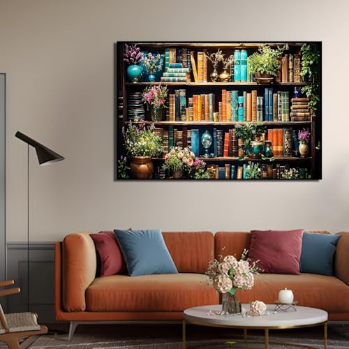 Ohhvvow 5D Bookshelf & Blooms Large Diamond Art Kit for Adults, 27.5x15.7 Inch Cozy Library Diamond Painting with Books & Flowers, DIY Full Drill Gem Craft Kits, Gift for Book Lovers & Beginners - Image 5