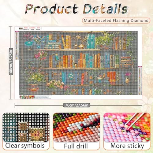 Ohhvvow 5D Bookshelf & Blooms Large Diamond Art Kit for Adults, 27.5x15.7 Inch Cozy Library Diamond Painting with Books & Flowers, DIY Full Drill Gem Craft Kits, Gift for Book Lovers & Beginners - Image 2
