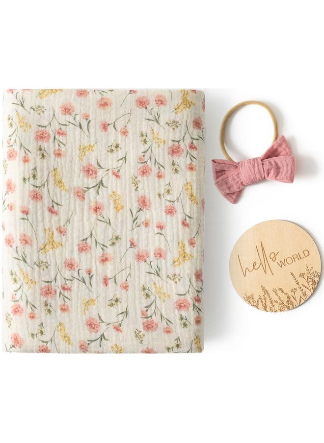 Little Jump Little Jump Baby Muslin Swaddle Blankets for Girls, Newborn Swaddle Set with Matching Headband Bow, 47 x 47 inches Floral Print Hospital Home-Coming Baby Announcement Blanket.(Floral)  - Image 1