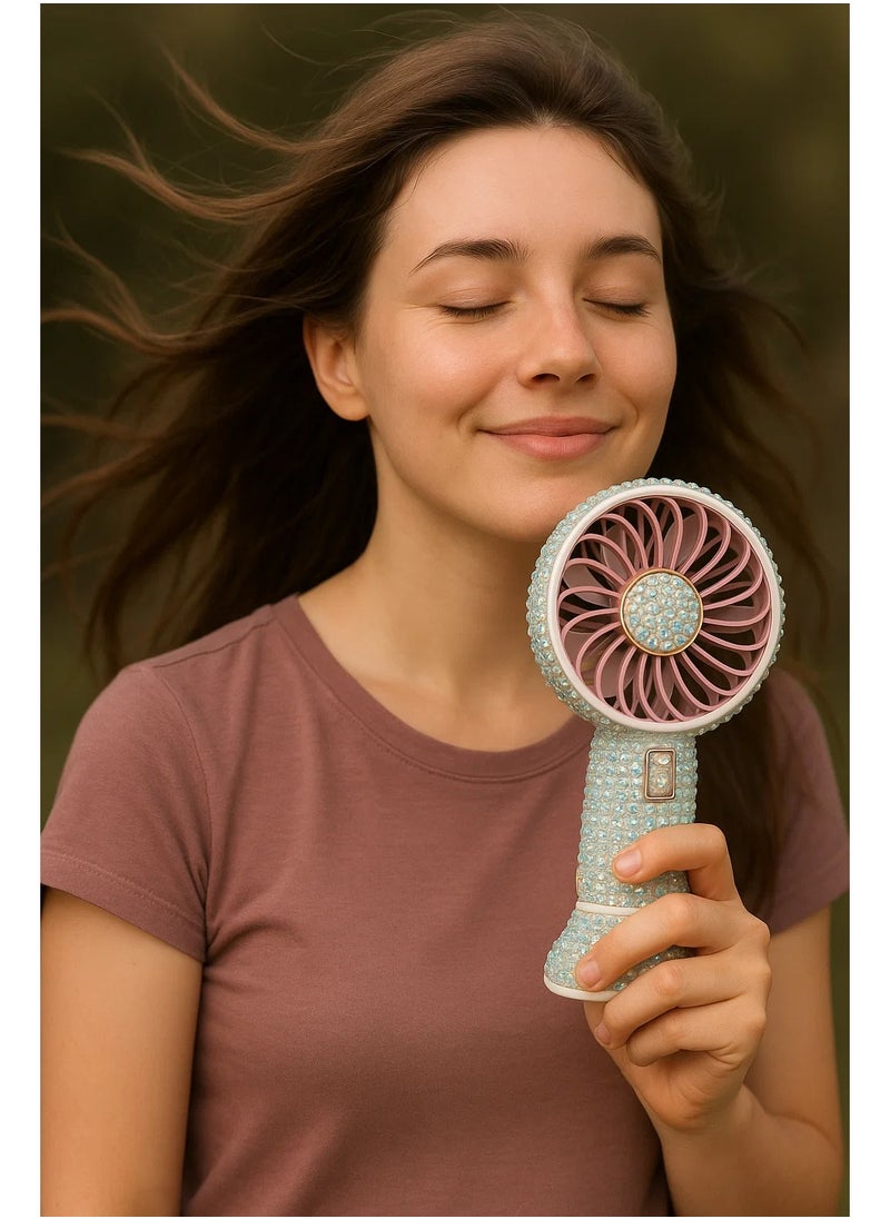 Astras Shiny Hand Fan, Rechargeable Fan + Stand for Mobile + Charging, Waterproof, Refreshing Atmosphere.