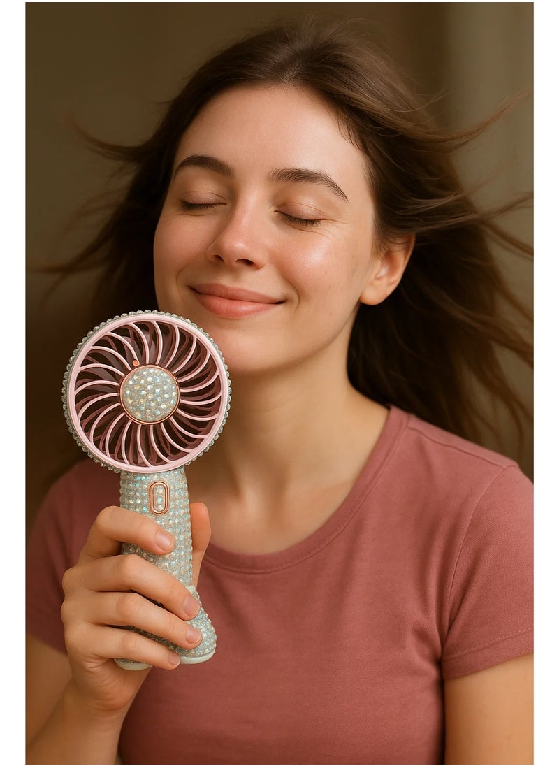 Astras Shiny Hand Fan, Rechargeable Fan + Stand for Mobile + Charging, Waterproof, Refreshing Atmosphere.