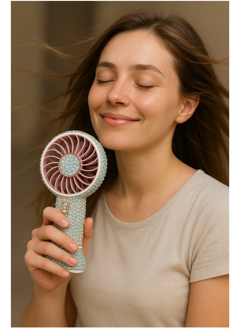 Astras Shiny Hand Fan, Rechargeable Fan + Stand for Mobile + Charging, Waterproof, Refreshing Atmosphere.