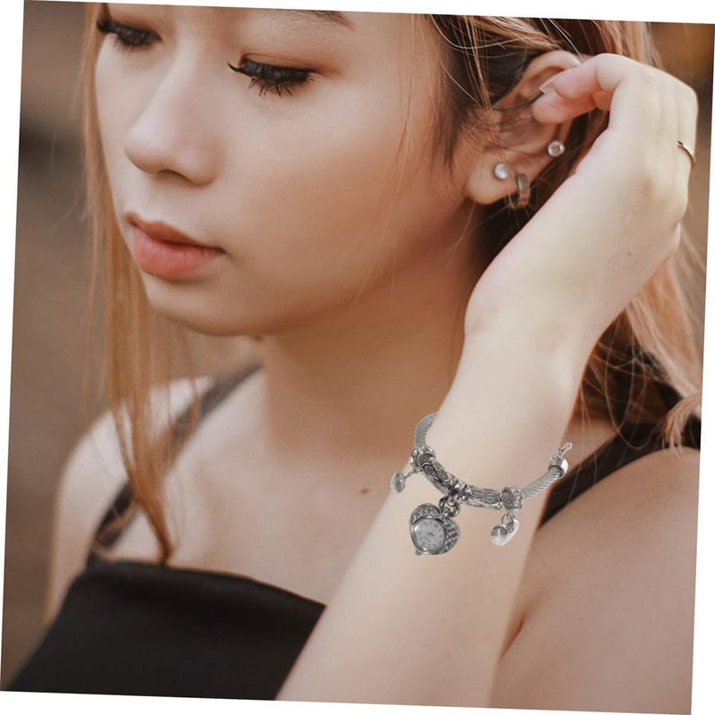Excefore Crystal Heart Charm Bracelet Watch for Women, Silver Alloy Cuff Bracelet, Women's Charm Bangle Watch - Image 5