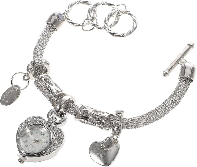 Excefore Crystal Heart Charm Bracelet Watch for Women, Silver Alloy Cuff Bracelet, Women's Charm Bangle Watch - Image 1