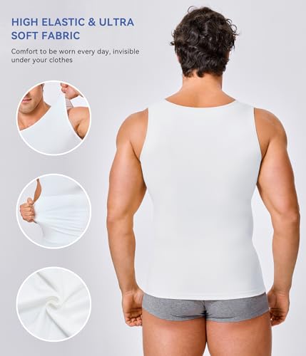 Eleady Mens Compression Shirt Workout Tank Tops Slimming Body Shaper Vest Abs Abdomen Undershirts (White, Large) - Image 3