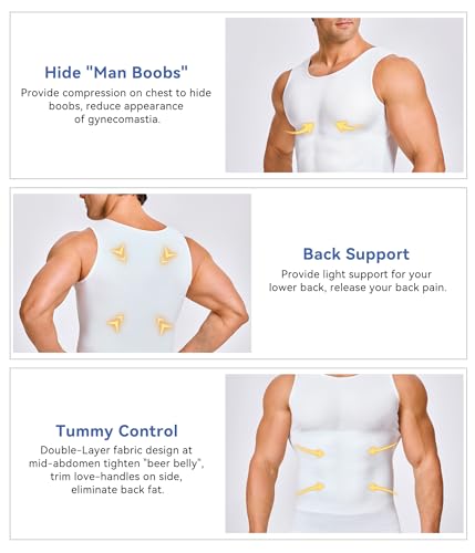 Eleady Mens Compression Shirt Workout Tank Tops Slimming Body Shaper Vest Abs Abdomen Undershirts (White, Large) - Image 2