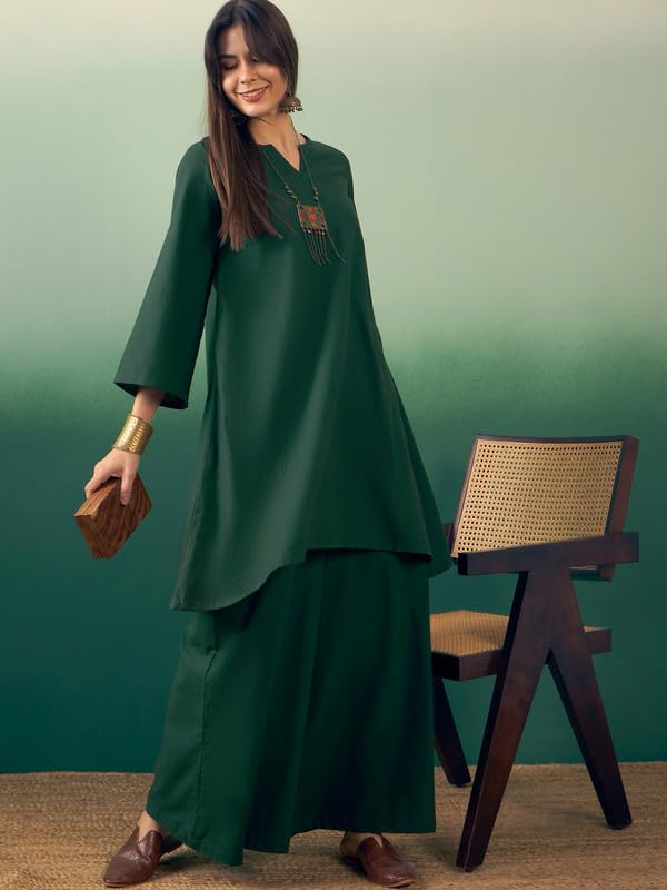 InWeave DARK GREEN V NECK LONG FULL SLEEVE KURTA PALAZZO SET - Image 5
