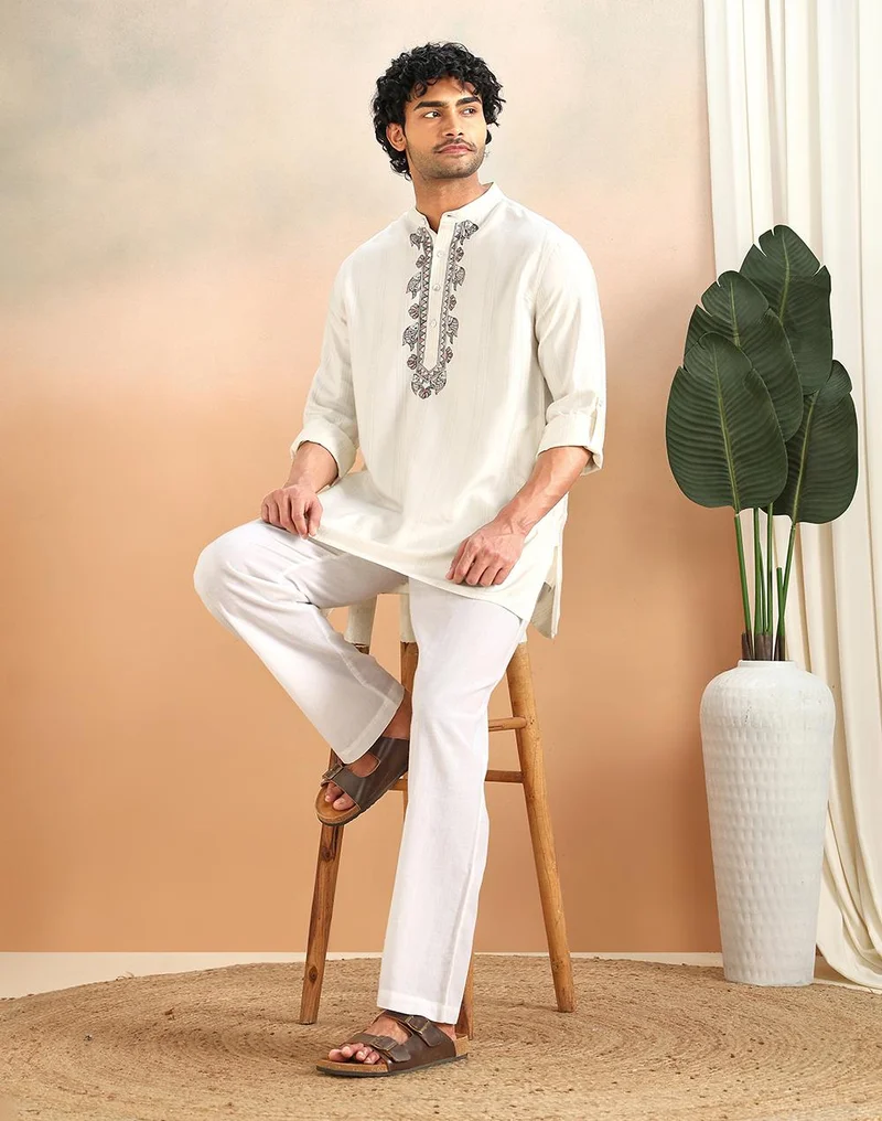 Fabindia  White Viscose Silk Blend Short Kurta for Men | Best Price UAE