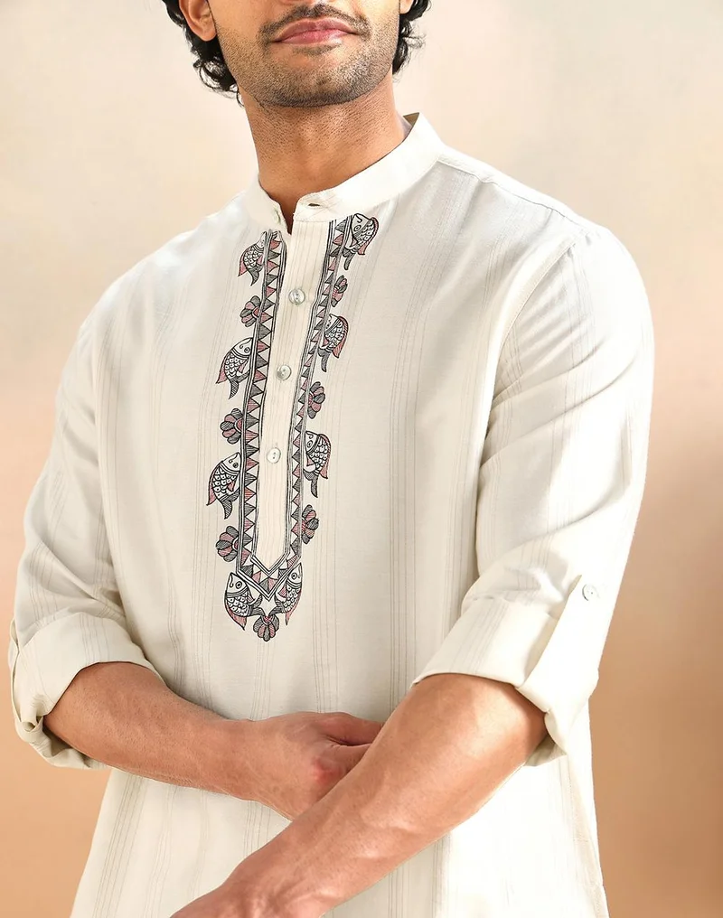 Fabindia  White Viscose Silk Blend Short Kurta for Men | Best Price UAE