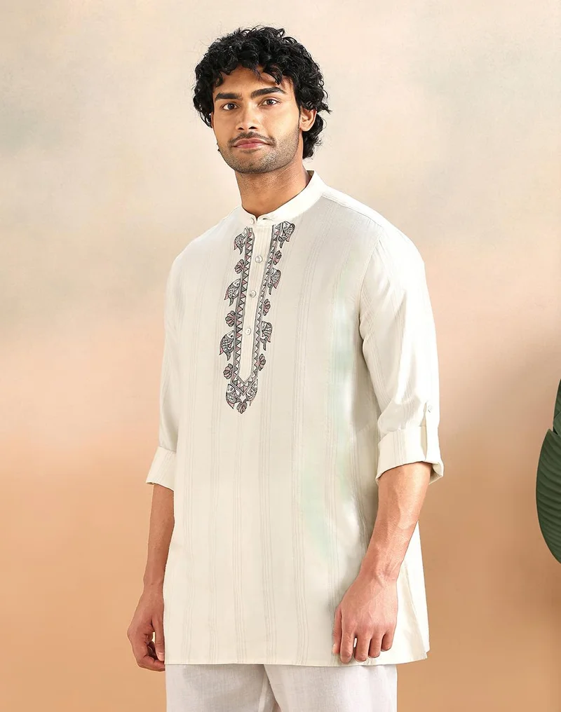 Fabindia  White Viscose Silk Blend Short Kurta for Men | Best Price UAE