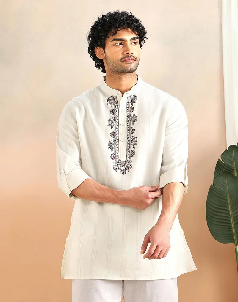 فاب انديا White Viscose Silk Blend Short Kurta