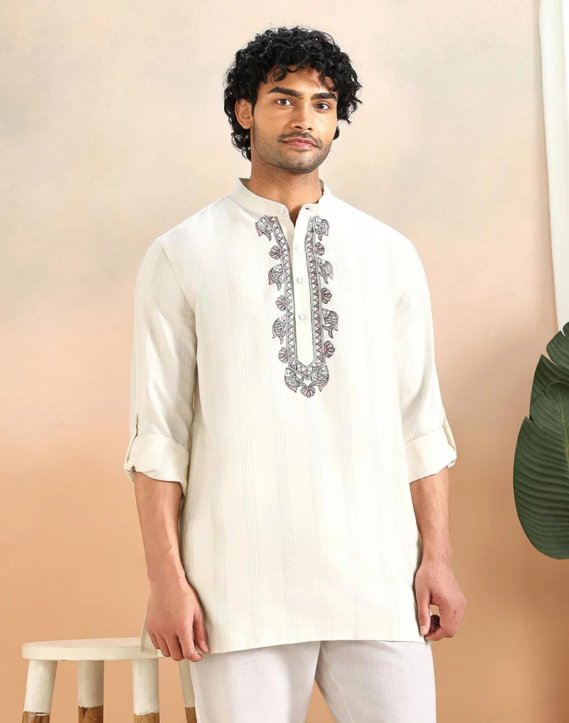 فاب انديا White Viscose Silk Blend Short Kurta
