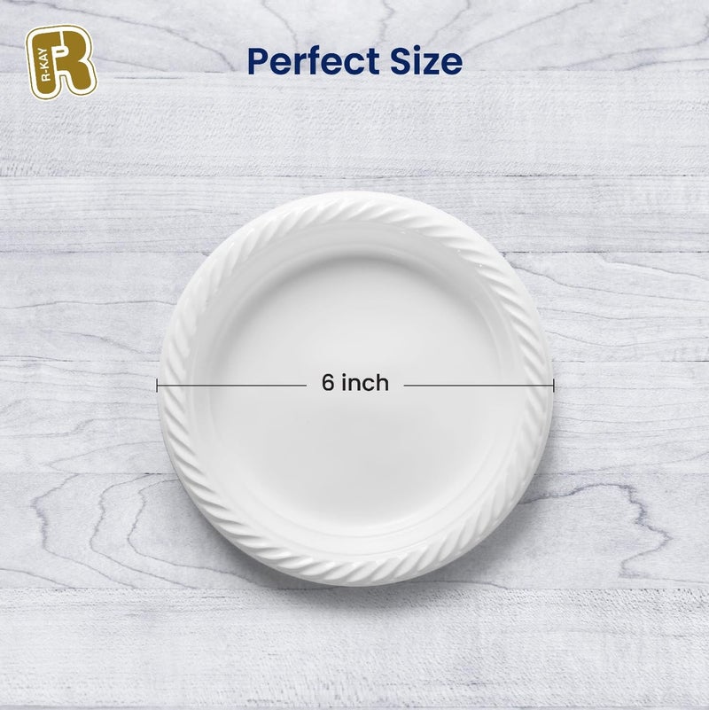 R-kay 100 Pack 6 Inch White Plastic Plates Disposable - Heavy Duty White Disposable Plates - Microwavable Disposable Plastic Plates (6 Inch, 100, Count) - Image 4