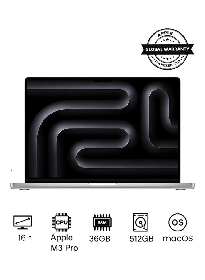 ابل  أحدث شريحة كمبيوتر محمول MacBook Pro MRW63 M3 Pro لعام 2023 مع وحدة معالجة مركزية 12 بوصة، ووحدة معالجة رسومات 18 بوصة: شاشة Liquid Retina XDR مقاس 16.2 بوصة، وذاكرة موحدة سعة 36 جيجابايت، وتخزين SSD بسعة 512 جيجابايت، وتعمل مع iPhone/iPad باللغة الإنجليزية/العربية، فضي - Image 1