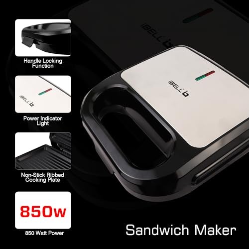 iBELL SM440 Sandwich Maker Electric with Nonstick Grill and Toast Plates, Handle Locking Function, 850W (Black) - Image 3
