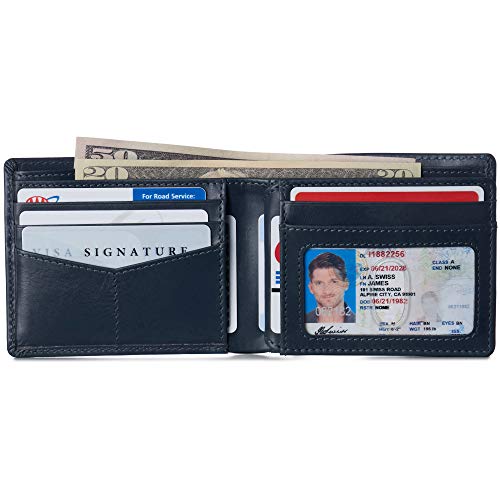 Alpine Swiss Wallet for Men Nolan Commuter Bifold Dual ID Windows for License Work Badge RFID Protection Divided Bill Section Gift Boxed Glossy Nappa Teal - Image 3