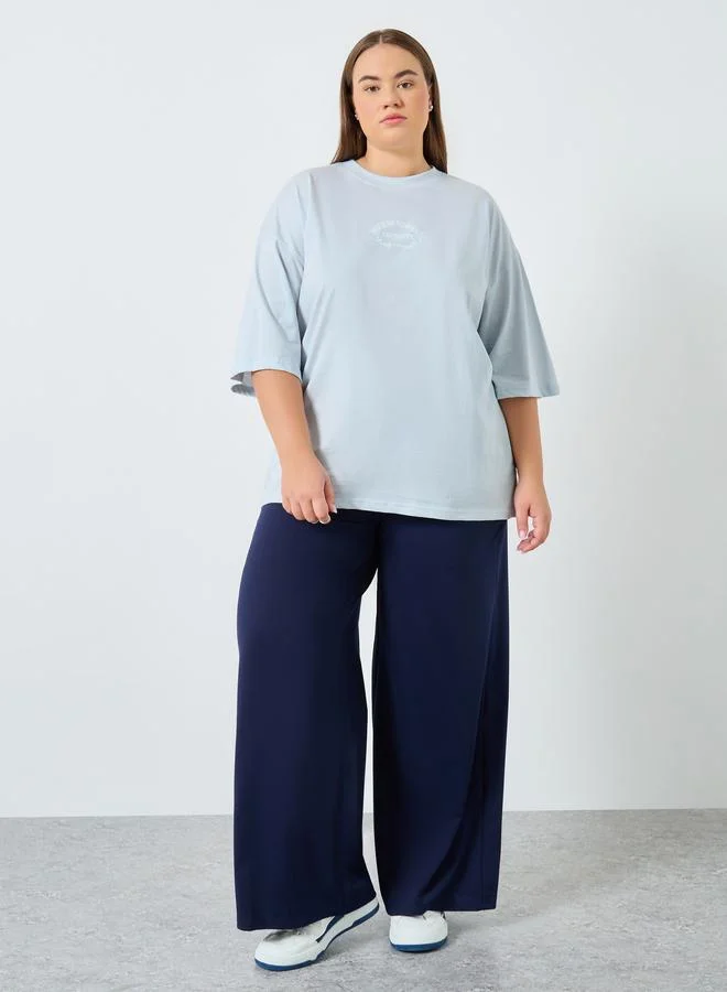 Styli Styli Plus Size Blue Slogan Print T-Shirt