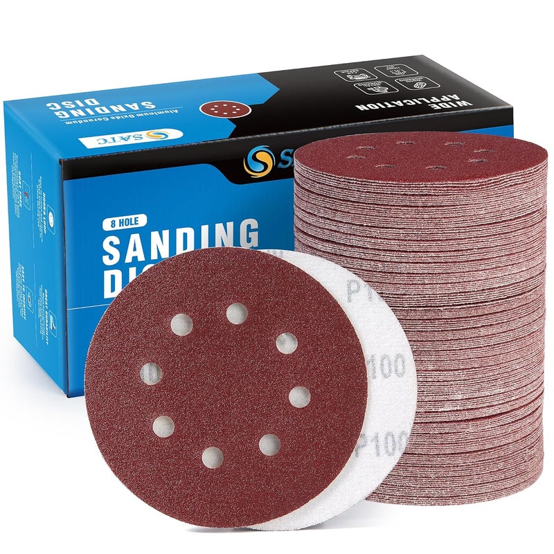S SATC 150 Pcs Hook and Loop Adhesive Sanding Discs 5 Inch 8 Hole Sandpaper 100 Grit Aluminum Oxide Sander Pads for Random Orbital Sander - Image 1