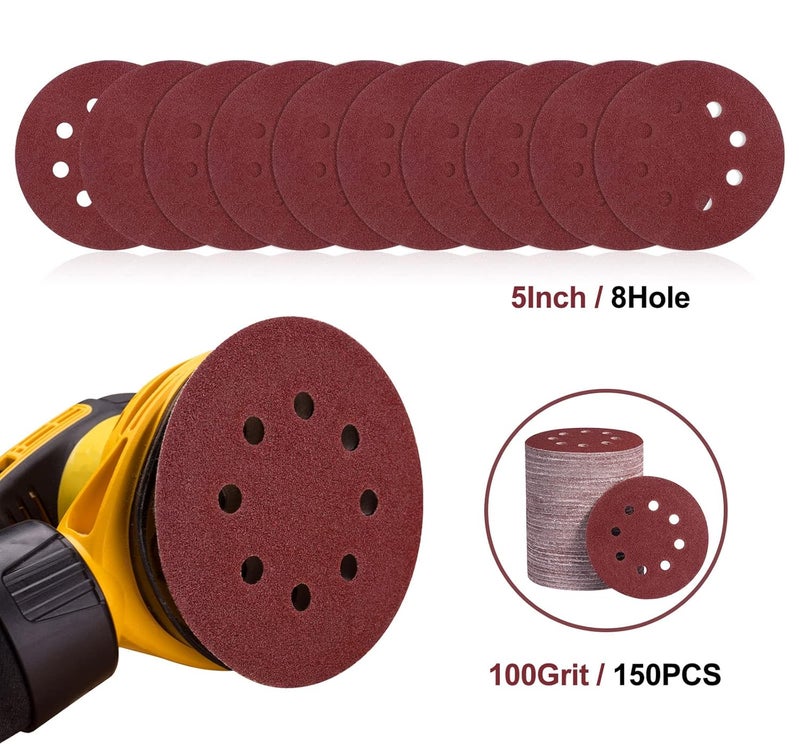 S SATC 150 Pcs Hook and Loop Adhesive Sanding Discs 5 Inch 8 Hole Sandpaper 100 Grit Aluminum Oxide Sander Pads for Random Orbital Sander - Image 4