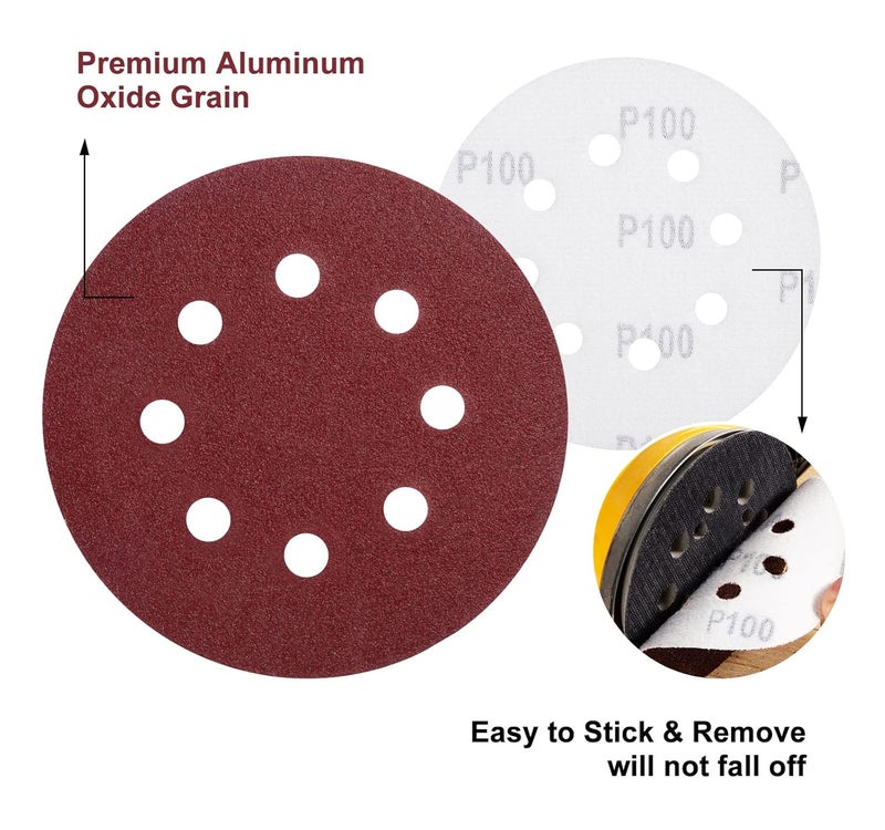 S SATC 150 Pcs Hook and Loop Adhesive Sanding Discs 5 Inch 8 Hole Sandpaper 100 Grit Aluminum Oxide Sander Pads for Random Orbital Sander - Image 5
