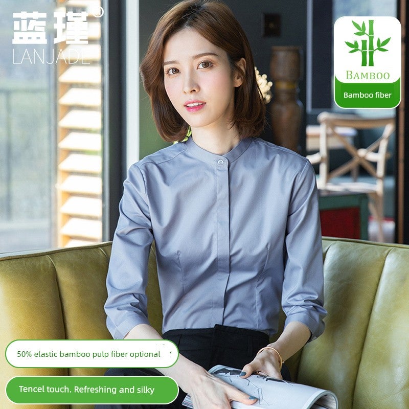 White stand-up collar seven-sleeve shirt, women's design sense, niche top, 2025 round-neck professional formal wear, interview white shirt - Image 1